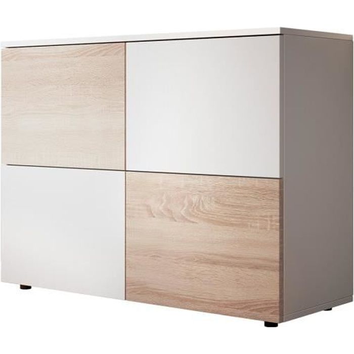 Buffet Bahut 2 portes 90 x 68 x 34cm Couleur Blanc et Sonoma Finition mat Meuble de rangement Modèle ZOEL
