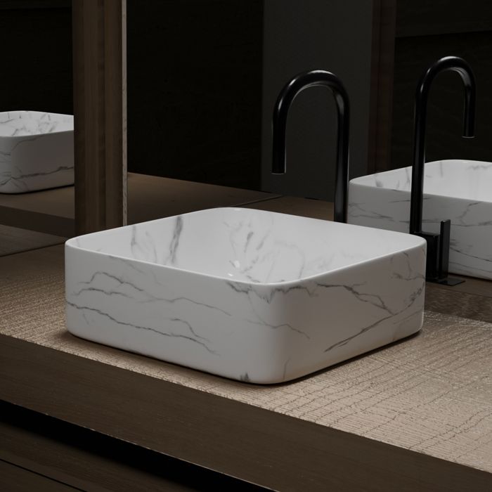 Vasque à poser Carrée en Céramique Blanche Mat Effet Marbre - 38x38x13 cm - WHITE MARBLE Vasque à poser Carrée en Céramique Blanche Mat Effet Marbre - 38x38x13 cm - WHITE MARBLE