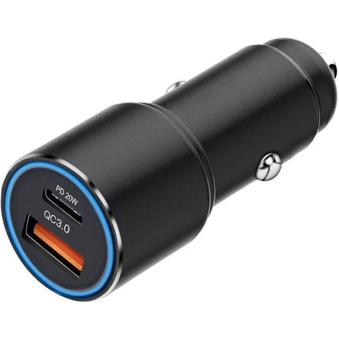 Mini Chargeur Voiture USB Double Port Type A Et C, Allume-cigare, Noir