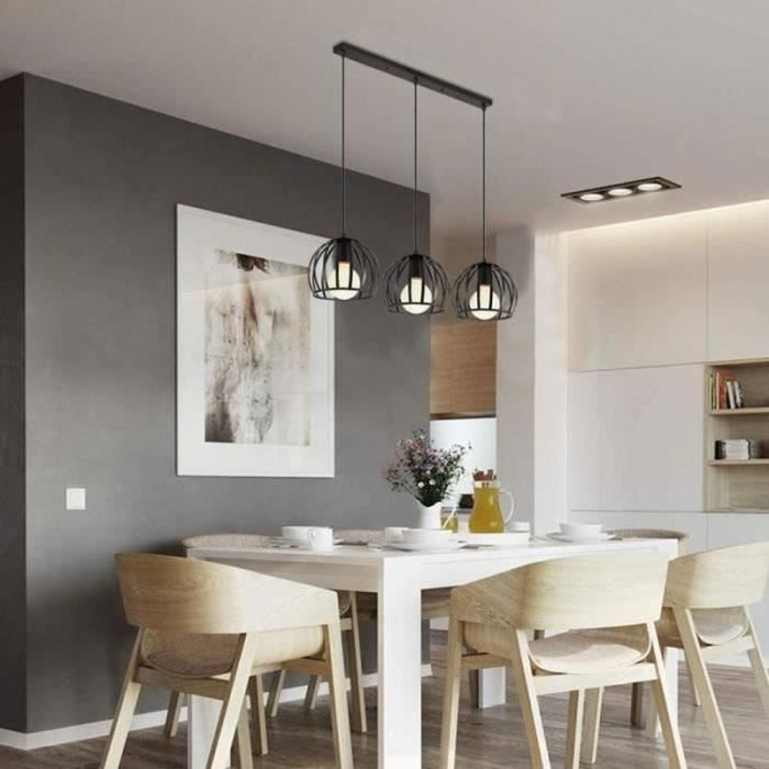 LIGKIN Lustre 3 Lampes Suspension Industriel Vintage – Métal & Rotin Rétro E27 – Luminaire Plafonnier Pour Salon, Cuisine, Chambre