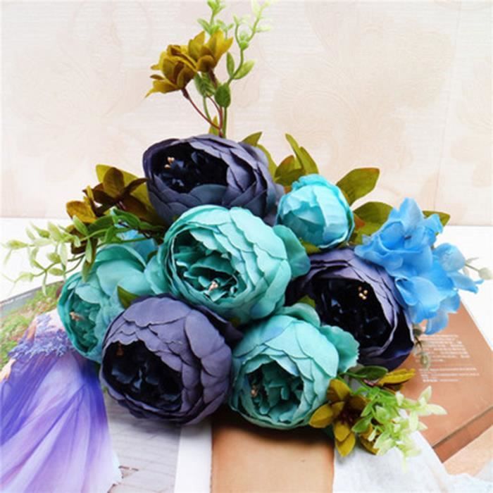 13 Branche Bleu Bleu Bouquet Europeen Fleurs Artificielles Coeur Rond Pivoine Bouquet Faux Plante Fete Mariage Maison Decorative Au Cdiscount Maison