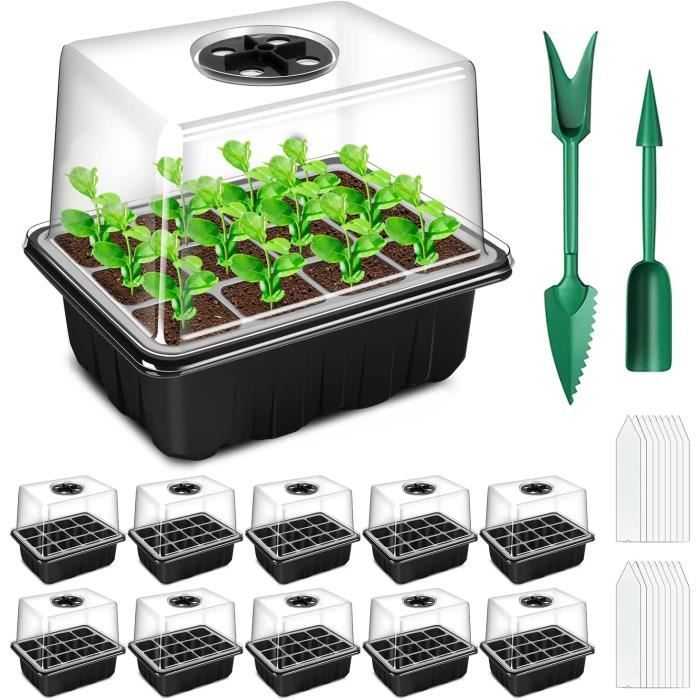 Boite Economie BITOYO Mini Serre Intérieur - 10 Plateaux Semis 120 Cellules Avec Couvercle - Kit Germination Graines Serre Semis