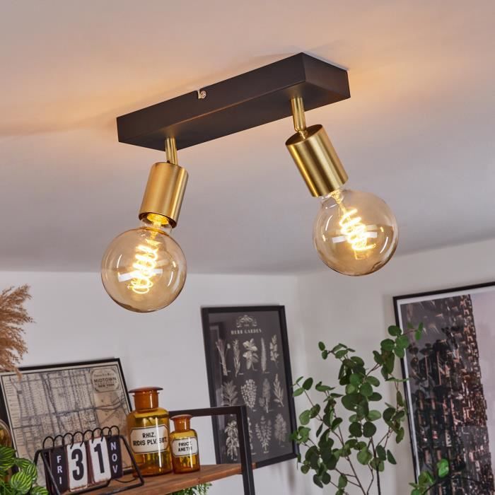 Plafonnier - Poggi - Métal Noir/Laiton - 2 x E27 - Lampe dintérieur moderne - Têtes orientables