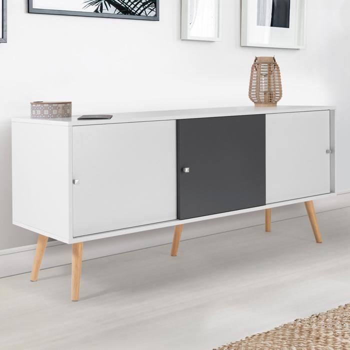 IDMARKET Buffet bas scandinave 135 cm EFFIE 3 portes bois blanc et gris