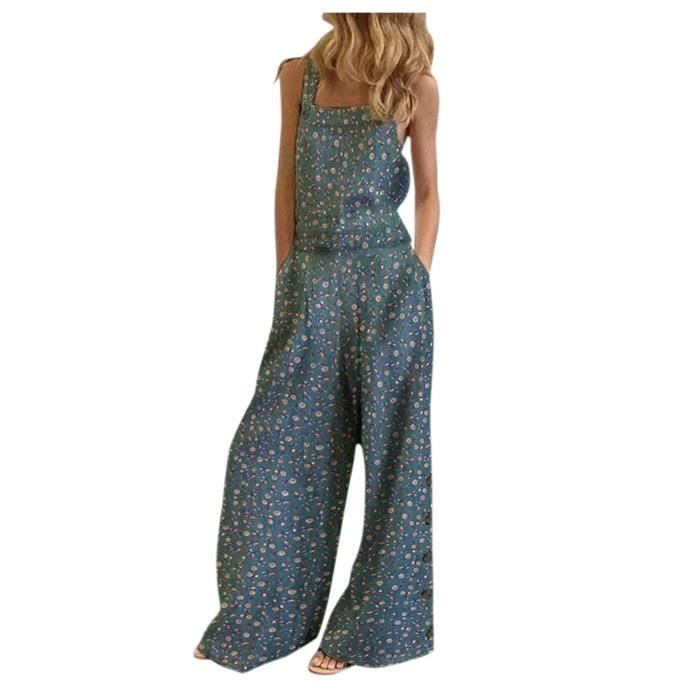 Salopette Femme été Lin Coton - Style Rétro Jambe Large - Sans Manches - Poches - Ample Et Décontractée