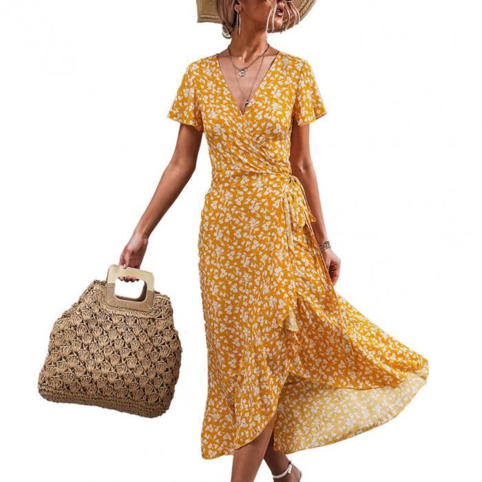 ROBE Robe Femme Été Florale Imprimé Robe Mi-longue Manches Court Col V