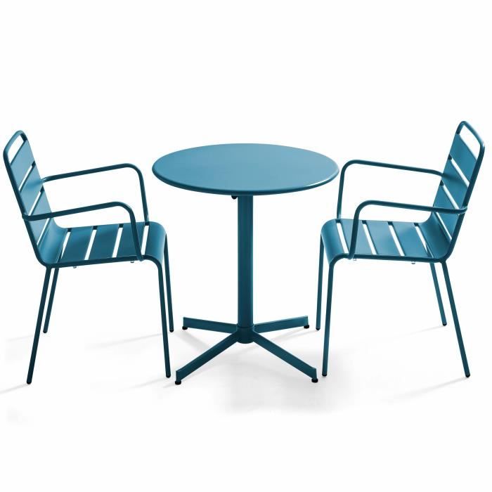 ensemble table et fauteuils de jardin bistrot rabattable - oviala - palavas - acier - bleu pacific - 70 x 72 cm