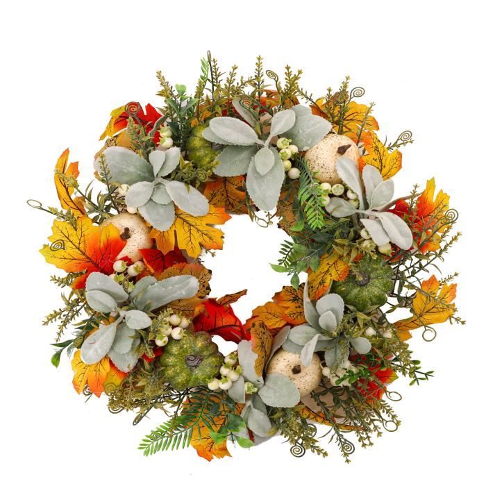 Couronne D'automne Artificielle 40 Cm - Décoration De Porte Avec Feuilles D'érable Et Citrouilles, Pour Thanksgiving Et Halloween