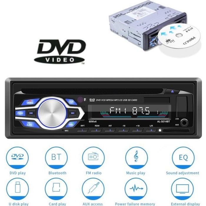 Autoradio Bluetooth Poste Radio Voiture,1Din Radio de Voiture, 4x60W Auto  Radio 7Couleurs FM Stéréo Radio USB/SD/AUX/EQ/Lecteur MP3 autoradio Pioneer