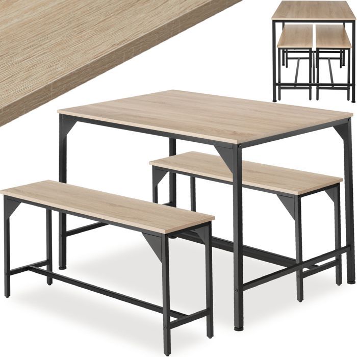 Ensemble table et chaises - TECTAKE - Ensemble de dîner BOLTON avec 2 bancs résistants au style industriel et 1 table - Bois clair