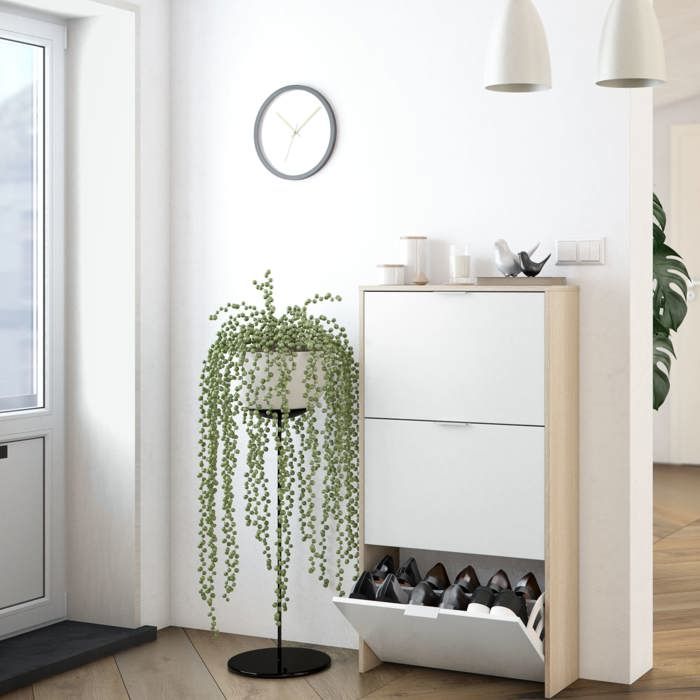Meuble à chaussures avec 3 portes capacité 18 paires - Blanc et chêne - MC81011 - Bois naturel - Terre de Nuit Meuble à chaussures avec 3 portes capacité 18 paires - Blanc et chêne - MC81011 - Bois naturel - Terre de Nuit