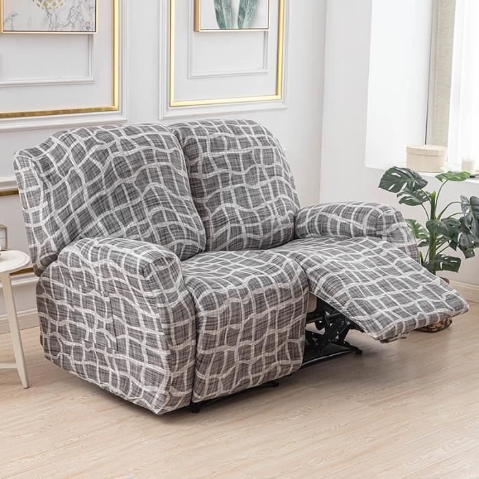 Housse Fauteuil Relax 4 Pièces Extensible - Gris Clair - Lavable - Avec Poches - Protection Meubles - 12