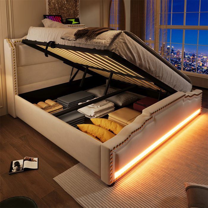 Pugsdrly Lit coffre 160x200 cm avec port USB, Tissu en lin, Beige - Lit adulte - Rue du Commerce Pugsdrly Lit coffre 160x200 cm avec port USB, Tissu en lin, Beige - Lit adulte - Rue du Commerce