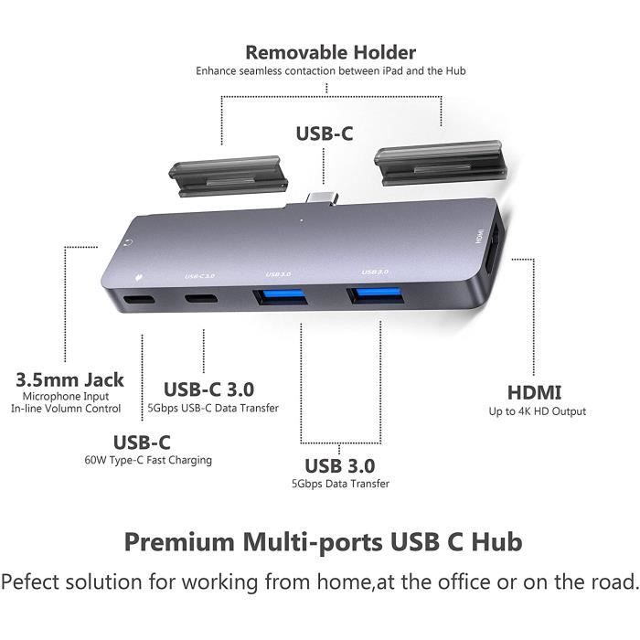 Hub USB C pour iPad Pro 2021-2018,iPad Air 4,iPad Mini 6, type C Adaptateur  6en1 avec HDMI 4K,Prise Casque 3.5mm,USB C PD 60W,[103] - Cdiscount  Informatique