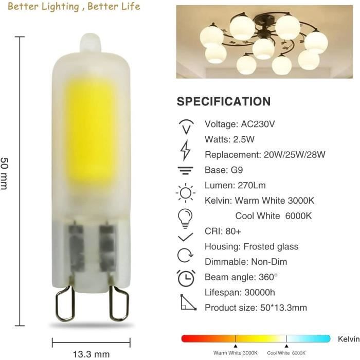 Ampoules LED G9 Blanc Froid 6000K, Verre Dépoli, Ampoules Halogene LED COB  G9 2,5W, 270Lm, Non Dimmable, Ampoules G9 Led de R[O2245] - Cdiscount Maison