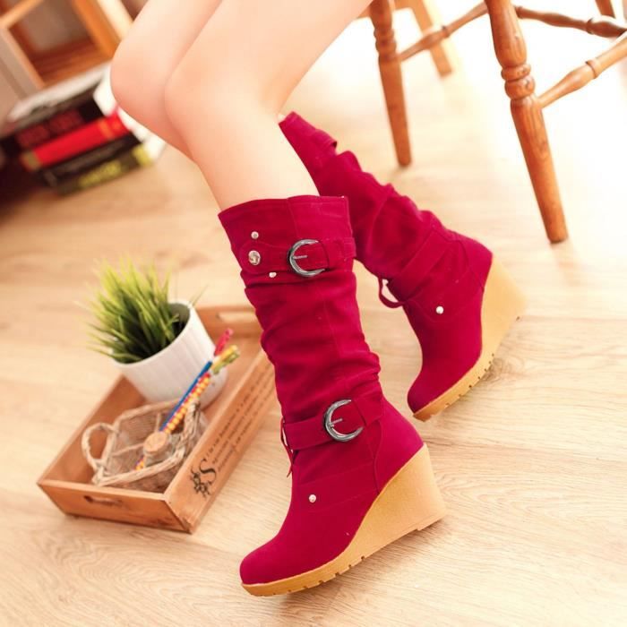 Chaussures plates d hiver pour femmes a bout rond epaissir compensees pour dames bottes a tube long Rouge Cdiscount Chaussures