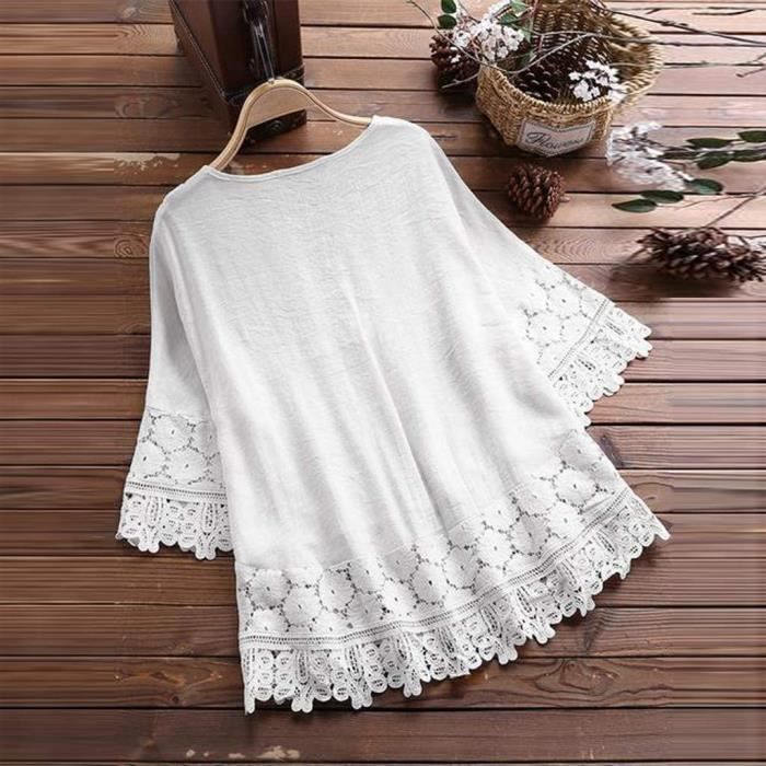 T SHIRT Chemisier Femme Dentelle Sexy Chic Hauts A Manches Longues Ample Tunique Blouse Elegante Mode Col V Shirt Tops Imprime Blanc Blanc Cdiscount Pret a Porter