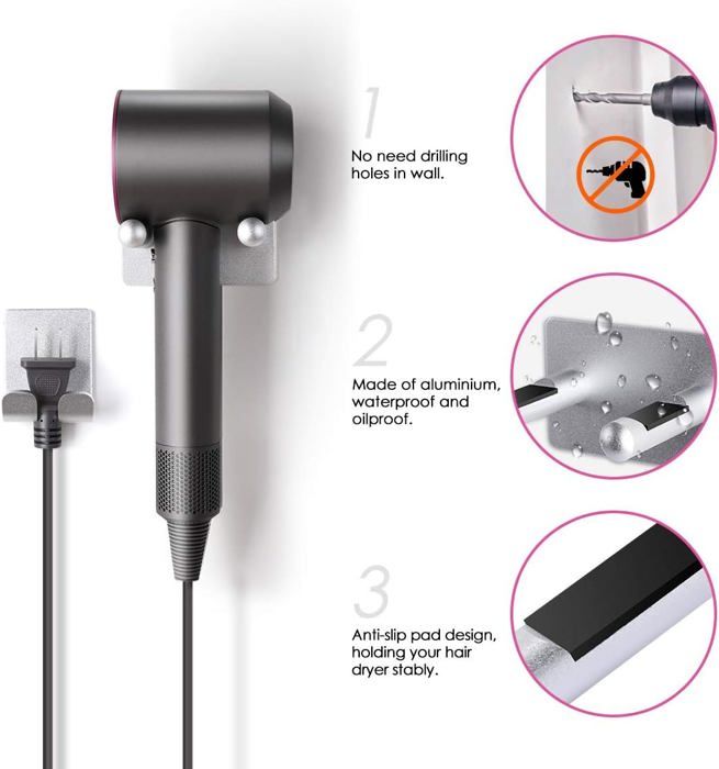 Support Mural Sèche-Cheveux Sans Percer - Adhésif Fort, Noir, Métal - Pour Salle De Bain, Économie D'Espace