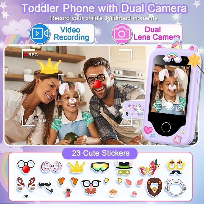 Téléphone Portable Jouet Pour Filles 3-12 Ans - Écran Tactile 2.8" Double Caméra + Carte 32 Go