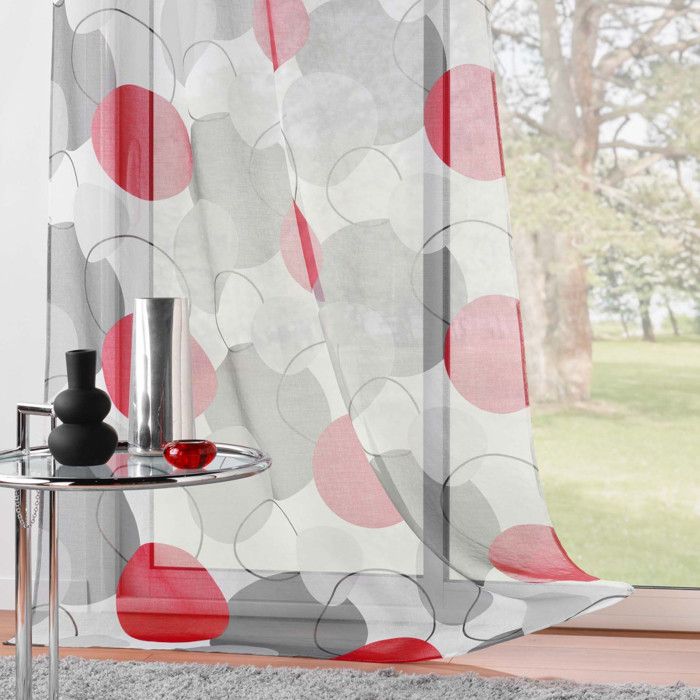 Voilage à œillets DOUCEUR D'INTÉRIEUR 140x240 Cm - Imprimé Boucles Argent Sur Fond Rouge - 100% Polyester - Prêt à Poser - Lavable Machine