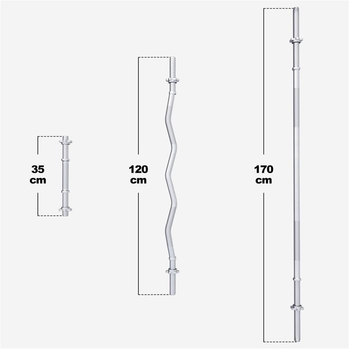 GORILLA SPORTS Lot De Barres Haltères 170cm SZ Curl 120cm + 2x35cm - 30mm Chromées Avec Fermetures