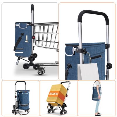 Chariot De Courses Pliant Avec Cadre Aluminium - Sac Toile Imperméable - 50kg Charge - 6 Roues