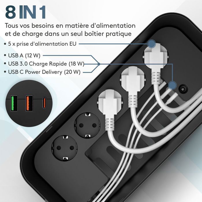 Caja De Almacenamiento ACROPAQ Con Regleta - 5 Enchufes Franceses + 3 USB (USB-C, QC 3.0), 2500W, Cable 2m