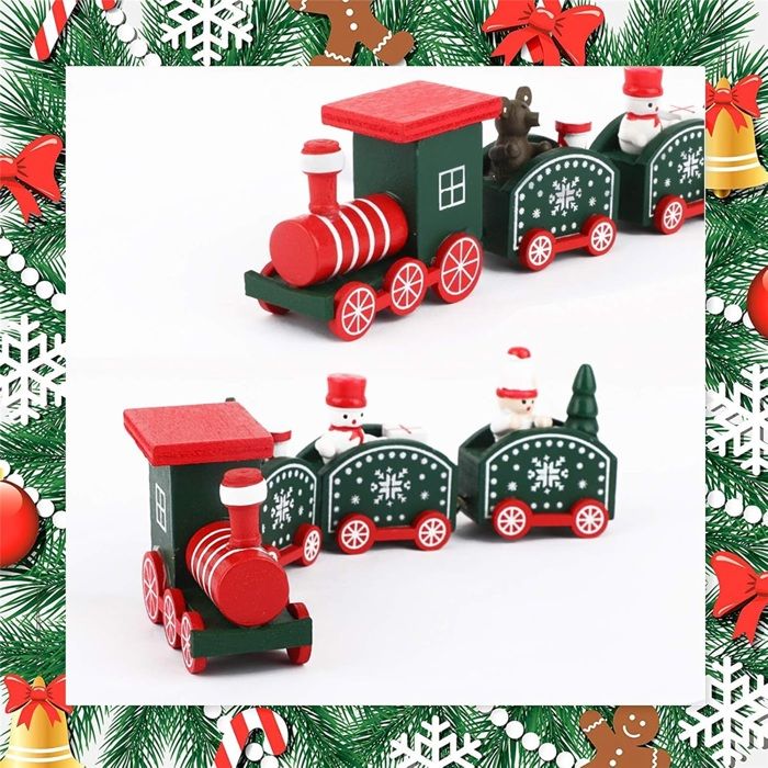 2 Trains En Bois Déco Noël - 20 Cm De Long - Décoration Table, Arbre, Cadeau - Set De 2