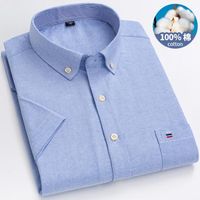 Chemise 100% Coton Chemise à manches courtes Oxford respirante pour homme Chemise oversize rayée à carreaux d'été Bleu
