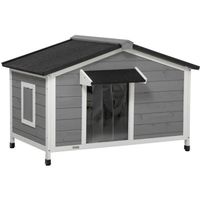 Niche chien style cottage - 2 fenêtres, porte, toit ouvrant bitumé - bois sapin gris 109x79x72cm Gris