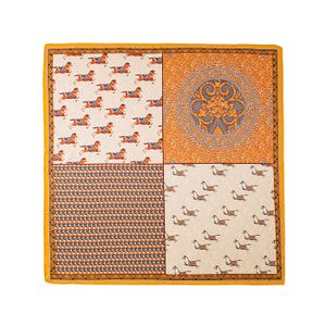 Carré De Soie Multicolore - 100% Pure Soie, Motifs Bleu, Marron, Orangé Et Jaune