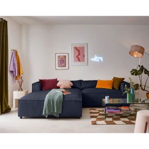 CANAPE CONVERTIBLE Canapé d'angle gauche 4 places en velours côtelé grosse côte bleu - Lisa Design Ela