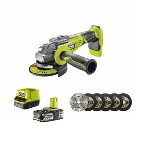 MEULEUSE Pack RYOBI Meuleuse d'angle brushless 18V One+ R18AG7-0 - 1 Batterie 2.5Ah - 1 Chargeur rapide - kit 6 disque 125 mm