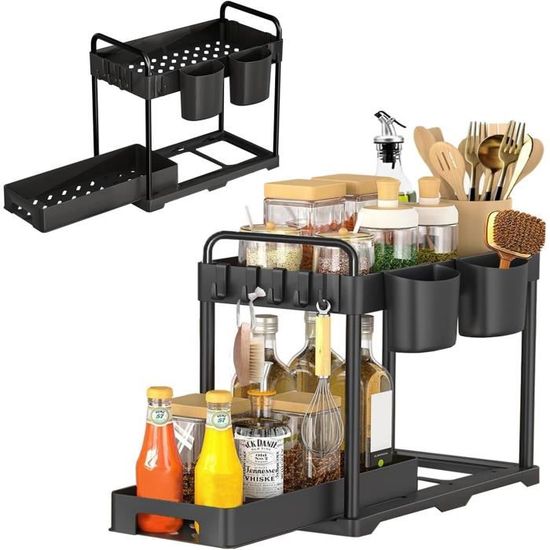 Organisateur Sous Évier 2 Niveaux Noir - Tiroir Coulissant Pour Rangement Cuisine Ou Salle De Bain