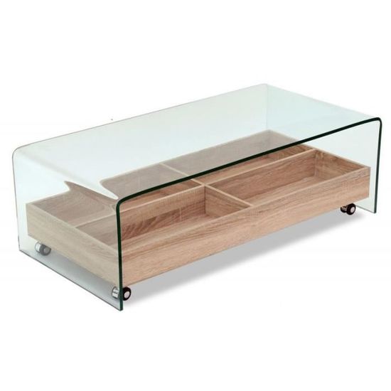Table basse en verre trempé plateau en bois roulant avec rangements - ICE