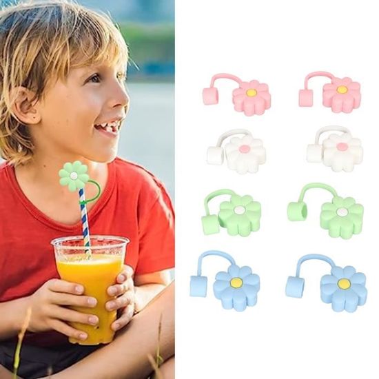 HDKAJL 4 Piu00e8ces Straw Cover, Stanley Cup Straw Cover, Silicone Pailles Couvre Antipoussiu00e8re, Couvre Paille Reutilisable U00c0 Fleurs Avec