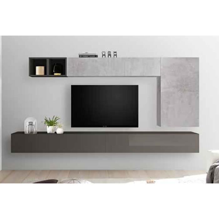 LUDOVICA 44 LAQUE GRIS ET BETON ENSEMBLE COMPOSITION MURALE MEUBLE TV TENDANCE