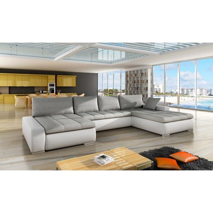 Canapé d'angle gauche panoramique et convertible en tissu et simili gris blanc