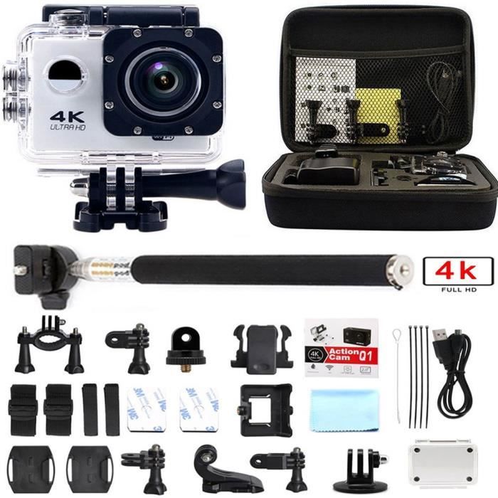 Ultra 4k Full HD Caméra Sport Wifi Etanche 30M Action Caméra Embarquée Grand Angle 170° Sac Pole Kit d'accessoires Blanc