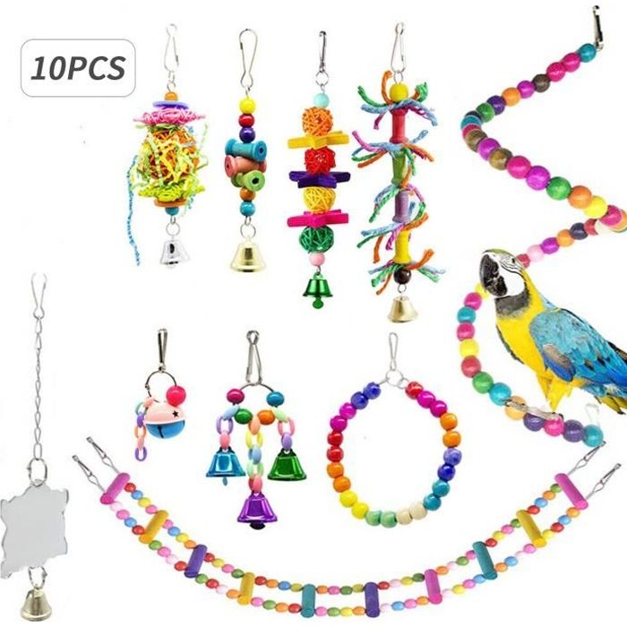 10 pièces oiseau balançoire jouets à mâcher perroquets à mâcher perchoirs suspendus avec hamac cloche jouets pour perroquet Loriqu-6