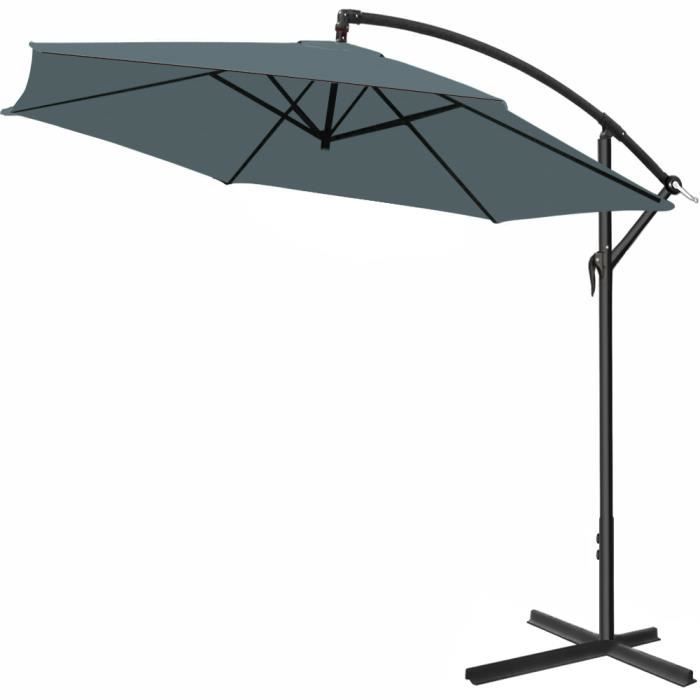 Parasol en alu Ø 330 cm Jardin terrasse balcon Pare soleil Avec manivelle GRIS