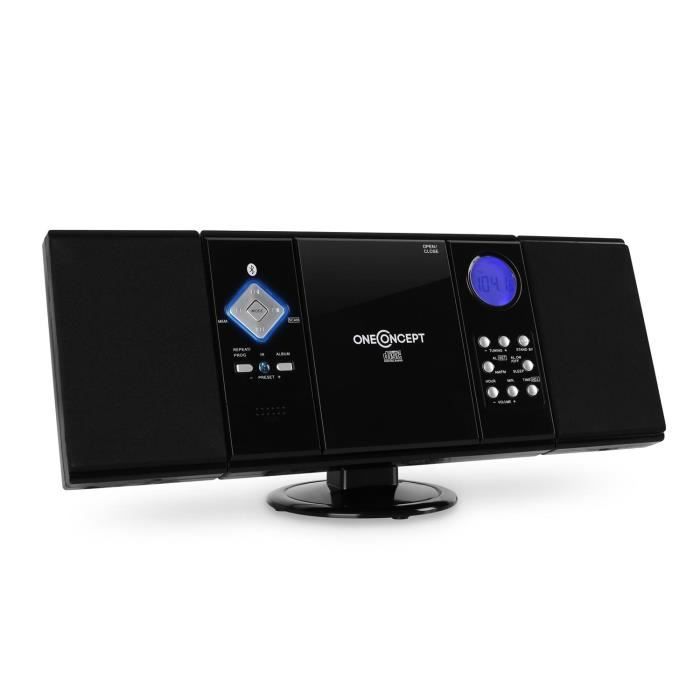 oneConcept V-12-BT Mini Chaîne stéréo HiFi, Tuner Radio AM-FM avec réveil, lecteur CD, CD-R et ports USB SD MP3 Bluetooth - noir