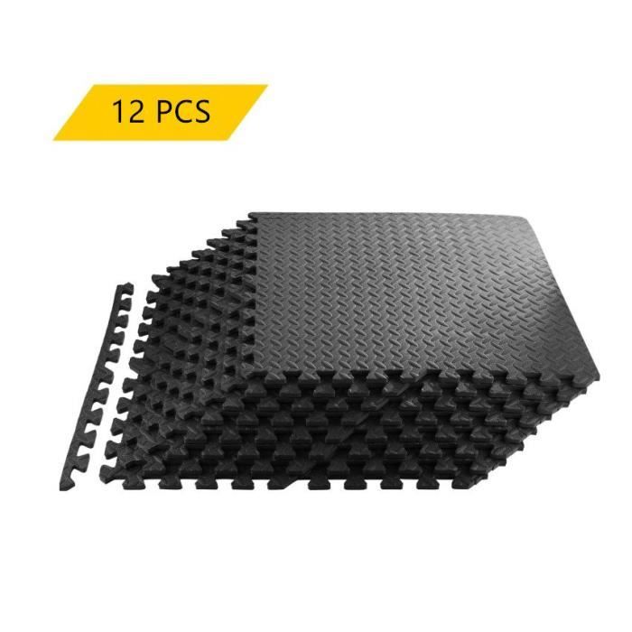 Ensemble de 12 Dalles Carrées EVA - Tapis de sol, Sport, Gymnastique, Yoga, Tapis Puzzle Antidérapant Mousse Noir 60 X 60 cm