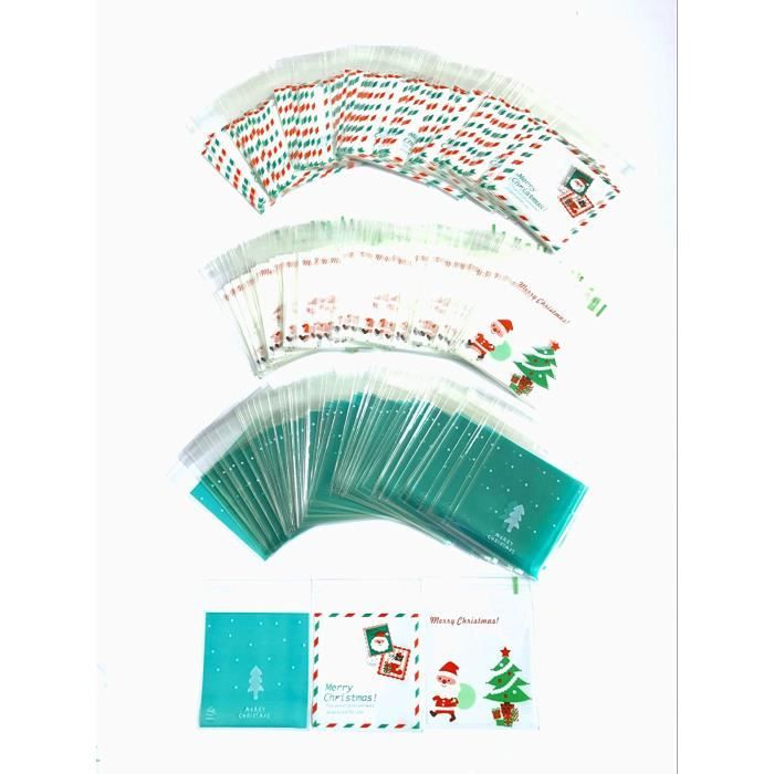 300pcs Sacs Plastique, sachets transparents alimentaires avec bande adhésive pour paquets de bonbons/Biscuit Bijoux, (santa-green)