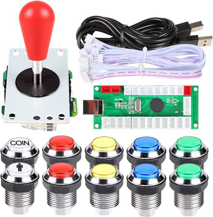 Fosiya 2 Joueurs Kit Arcade Ellipse Ovale Style 8 Voies Bat Joystick + 20 x LED Boutons Arcade pour 2 Joueurs Contrôleurs de Jeux Vidéo Tous Windows PC MAME Raspberry Pi 3