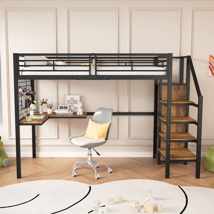 Lit mezzanine - Noir - 90x200 cm - avec bureau et armoire - en fer - 1 place Lit mezzanine - Noir - 90x200 cm - avec bureau et armoire - en fer - 1 place
