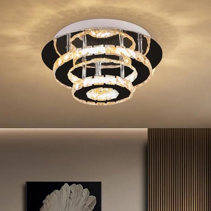 WOTTES Cristal LED Plafonnier - Moderne Double Rond Lampe Plafond en Acier et Cristal pour Salon - Blanc Chaud - 2pcs Ø30*30CM