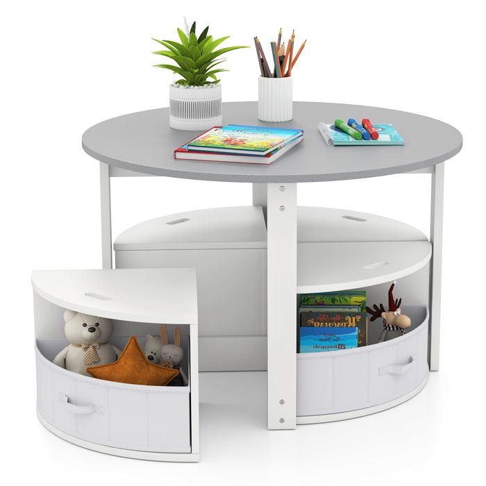 Ensemble Table et Chaises pour Enfants - COSTWAY - 4 Tabourets - 4 Tiroirs en Tissu pour Activités Jeux Art Lecture Gris Ensemble Table et Chaises pour Enfants - COSTWAY - 4 Tabourets - 4 Tiroirs en Tissu pour Activités Jeux Art Lecture Gris