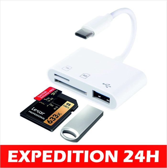 Lecteur De Carte 3-en-1 Lightning/USB-C/USB-A - Compatible SD/TF/XD Picture | Pour IPhone, Android, PC, IPad (Plug & Play)