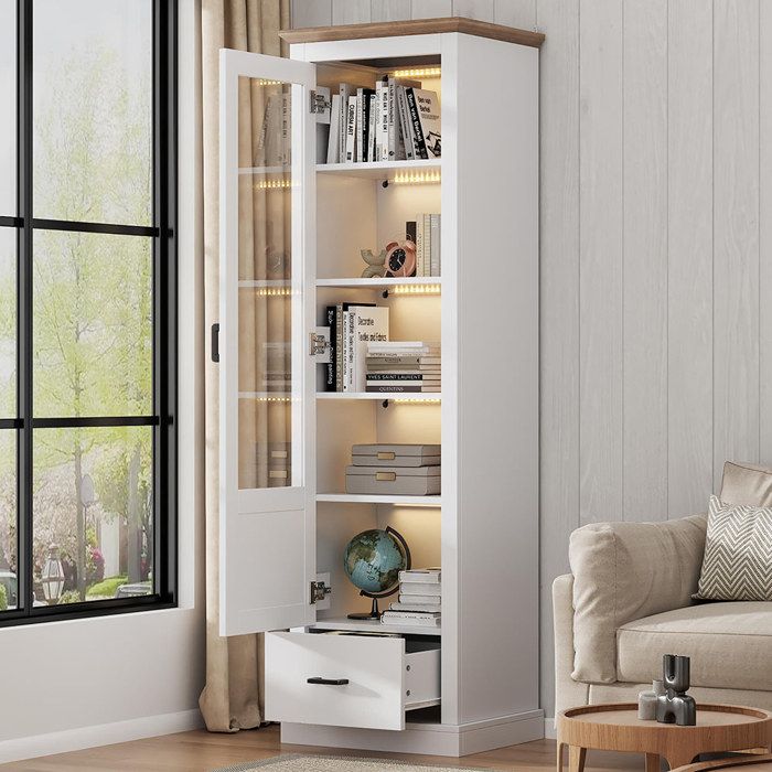 Vitrine LED blanc mate de 178 cm avec port USB télécommande 16 couleurs avec tiroir MDF armoire de présentation à 5 compartiments
